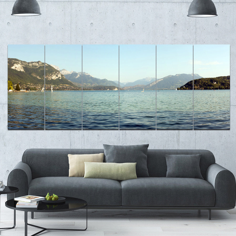 Annecy Lake France Panorama, Landscape Canvas Art Print, 70"x28", 6 Panels
