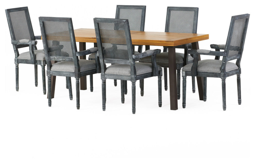 Marten Farmhouse Fabric Upholstered Wood and Cane 7 Piece Dining Set, Gray + Gray + Rustic Metal + Natural Stained