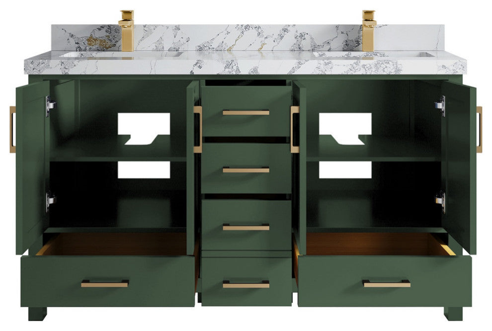 Malibu 60 Double Sink Vanity in Lafayette Green 2" Calacatta Poanazzo