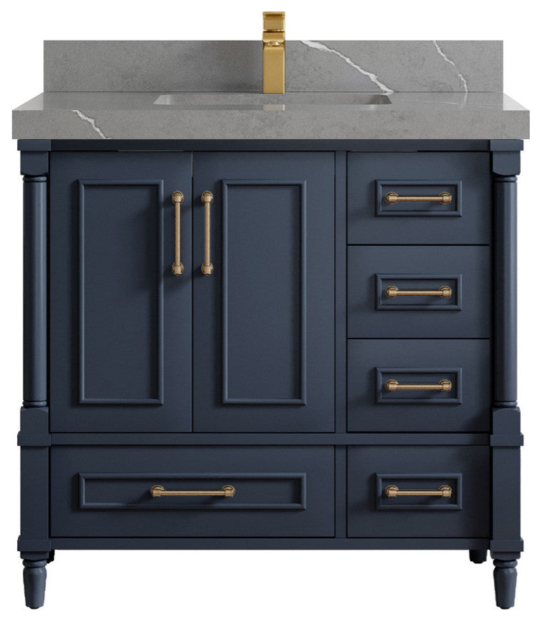 Aberdeen 36 Center Sink Bath Vanity in Hale Navy Blue  2" Piatra Gray