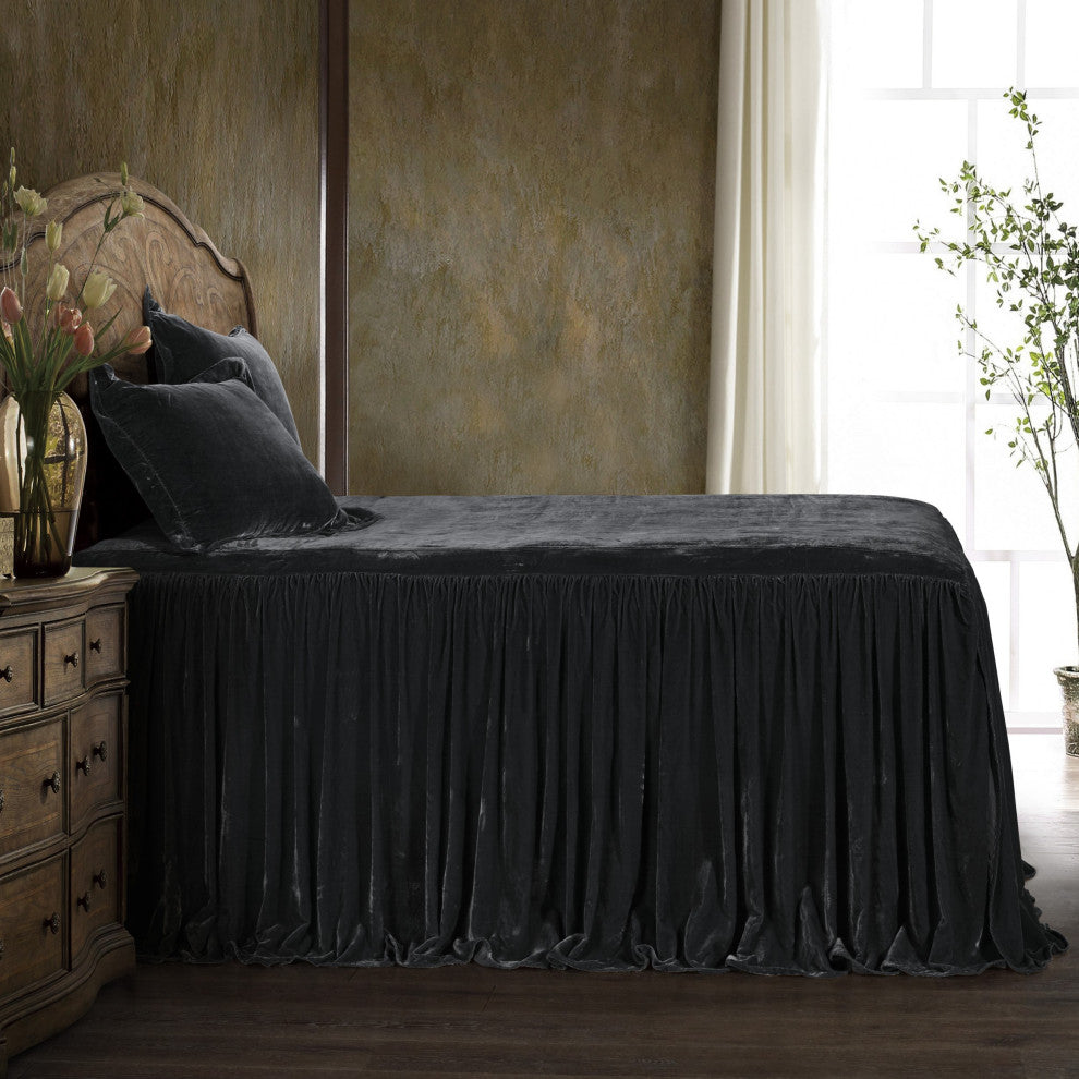 Stella Faux Silk Velvet Bedspread Set, 3PC, Black, Twin