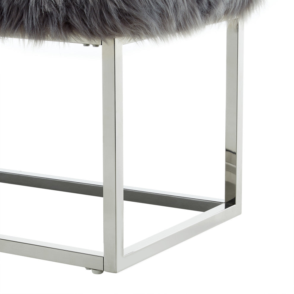 Astraea Faux Fur Metal Frame Ottoman Bench, Grey