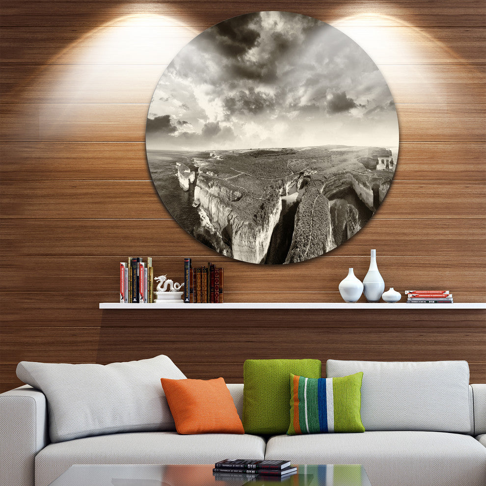 Aerial View Of Ocean Road Black, Seascape Large Disc Metal Artwork, 11"