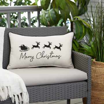 Merry Christmas Reindeer Sunbrella Canvas Natural/Black Outdoor Pillow, 13x20