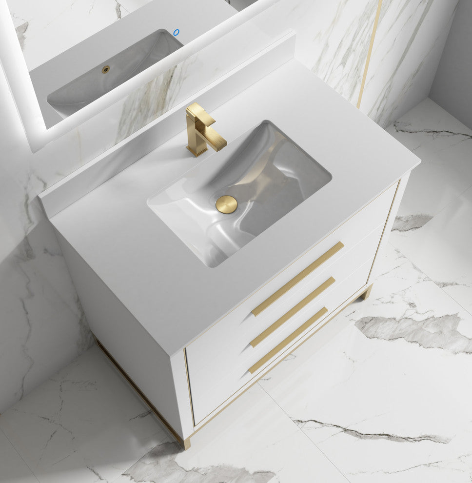 Alma Kathyia Freestanding Bath Vanity, Gold Hardware, 36"