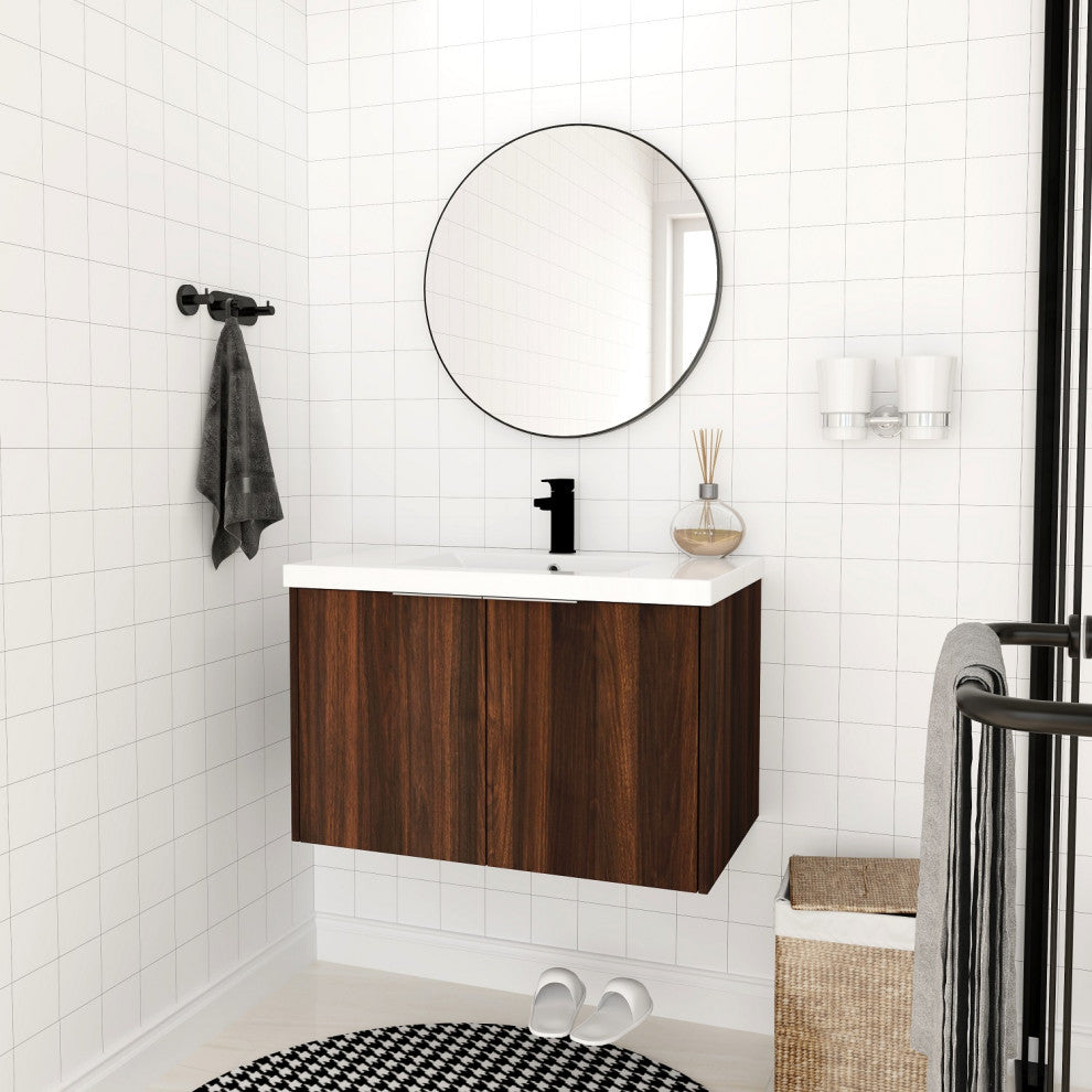 BNK 30" Bathroom Vanity with Resin Sink, Modern Design with Soft Close Doors, California  Walnut