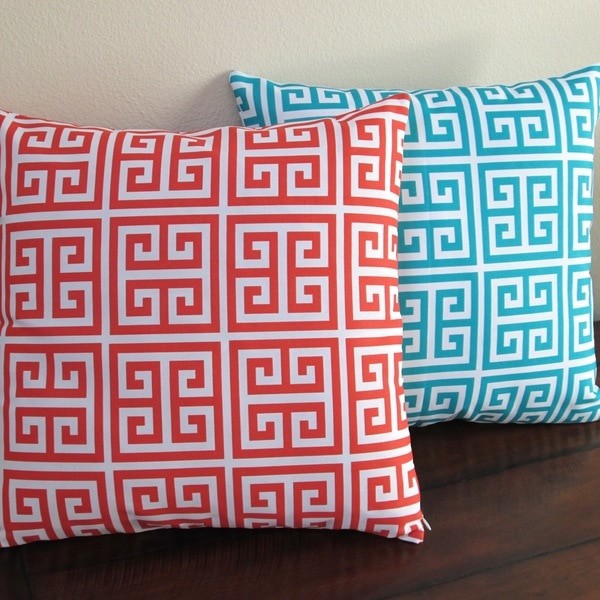 Outdoor 18" Greek Key Blue Or Orange Throw Pillow, Set Of 2, Orange, Throw Pillo