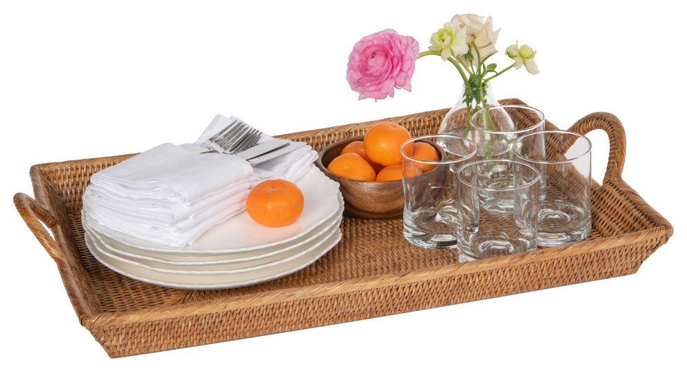 Rattan Decorative Serving Breakfast Tray, Ear Handles, Ottoman Tray, Honey-Brown