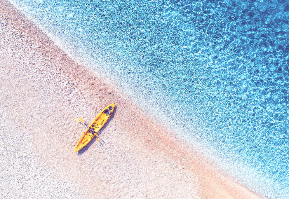 Yellow Canoe and Blue Sea by with Violet Glow Landscape Photo Loose Art Print, 12" X 18"