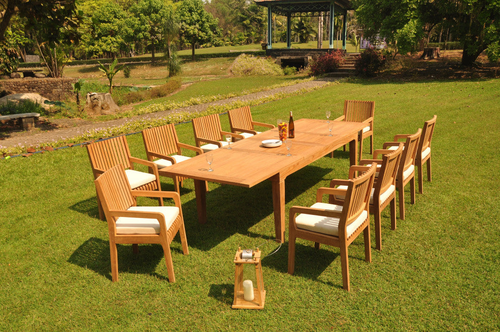 11-Piece Outdoor Teak Dining Set: 122" Rectangle Table, 10 Maldives Arm Chairs