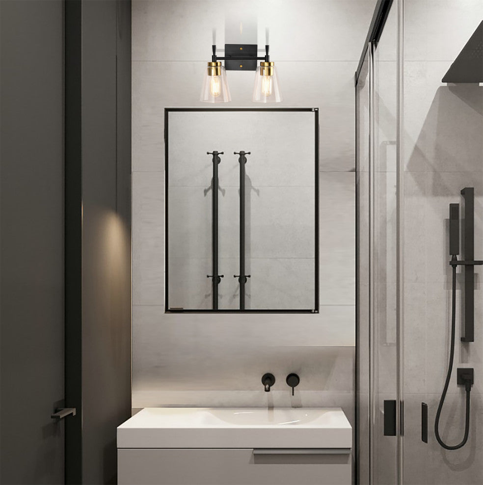 13 in. 2-Light Black and Antique Brass Vanity Light With Clear Glass Shades