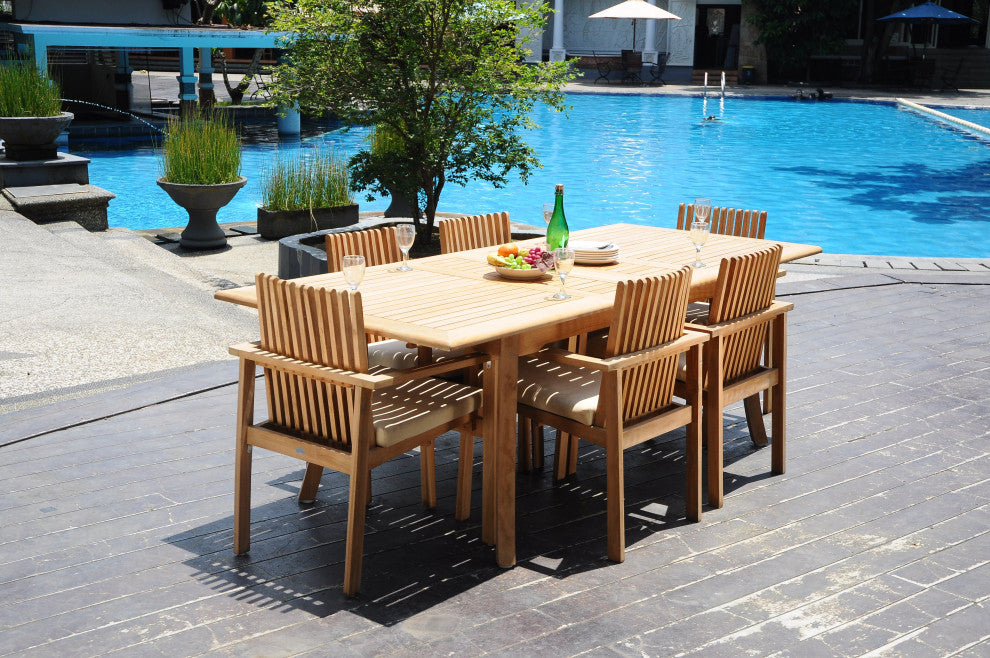 7-Piece Outdoor Teak Dining Set: 94" Rectangle Table, 6 Clip Stacking Arm Chairs