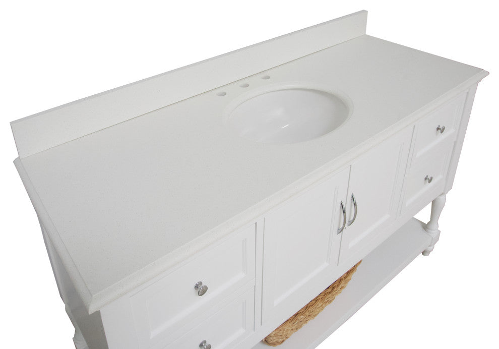 Beverly 60" Bath Vanity, White, Quartz, Single Vanity