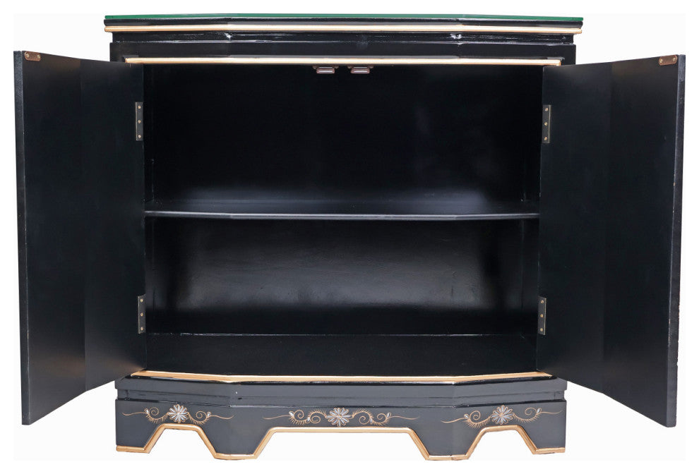Slant Front Gold Leaf Hand-Painted Bird and Flower 2-Door Cabinet
