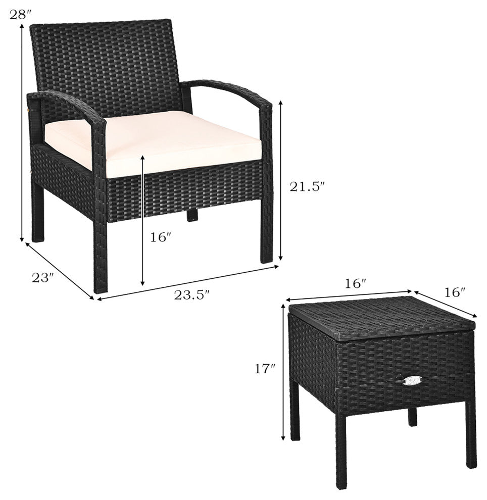 Costway 3PC Outdoor Patio Rattan Furniture Set Storage Table Cushioned Black
