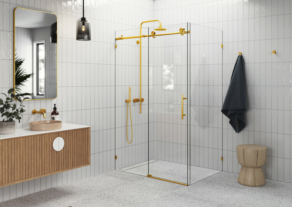 48"-52"x36"x78" Frameless Sliding Shower Door With Return Panel, Satin Brass