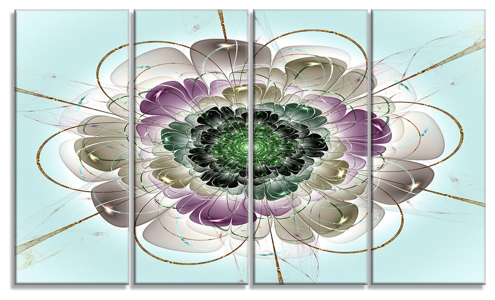 Dark Blue Fractal Flower Pattern, Abstract Wall Art Canvas, 48"x28", 4 Panels