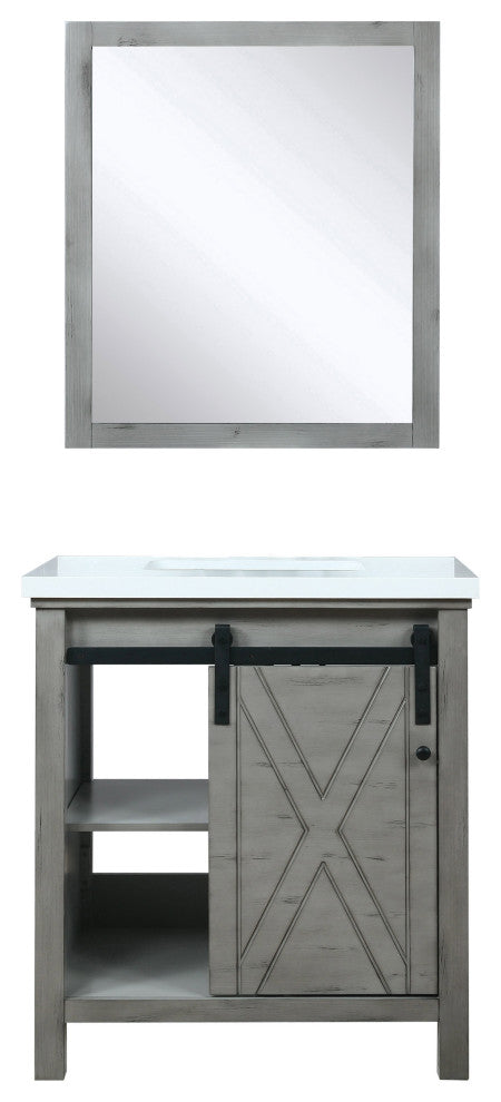 Marsyas 30" Ash Gray Single Vanity Cabinet Quartz Top Sink, 28" Wall Mirror