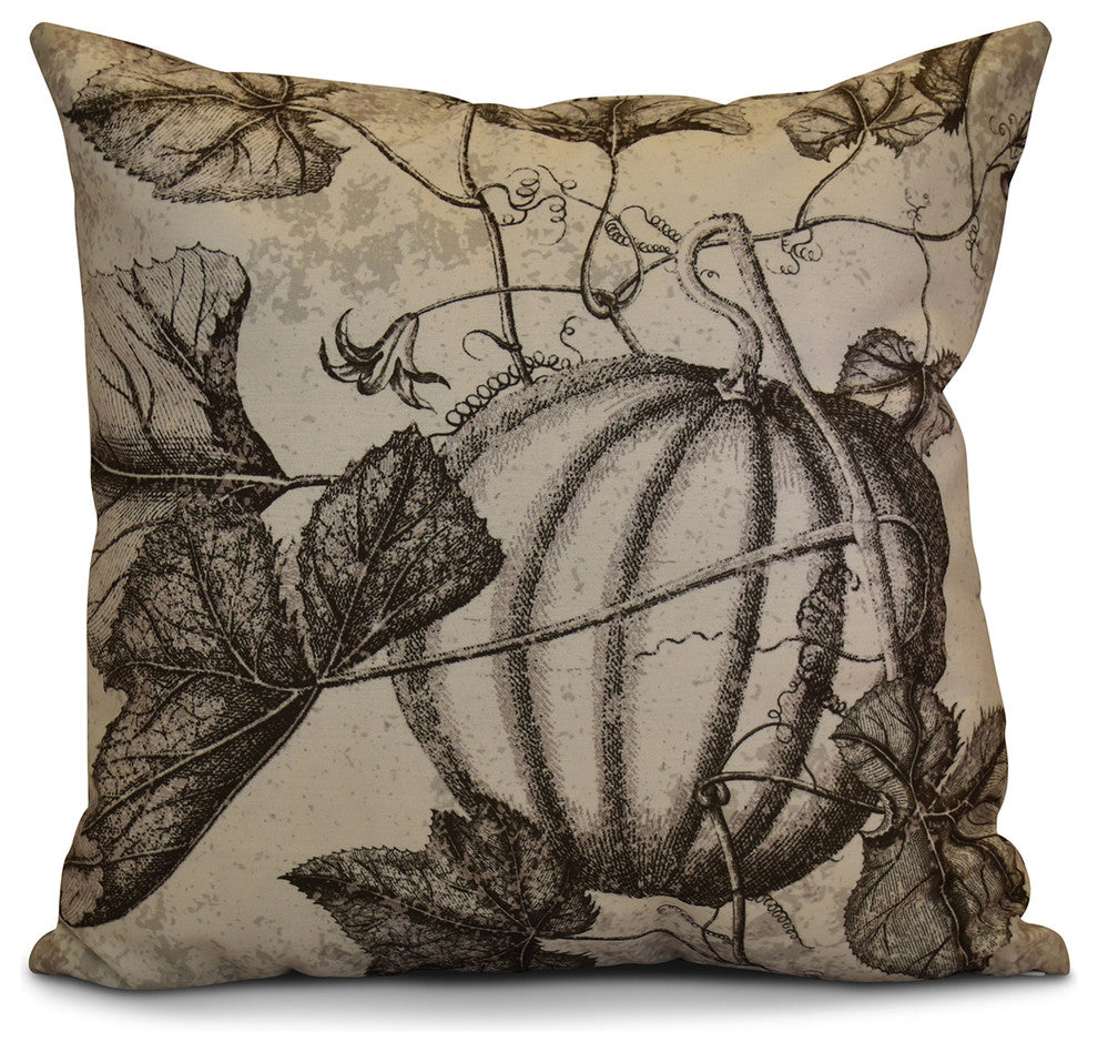 Antique Pumpkin Floral Print Outdoor Pillow, Brown, 20"x20"
