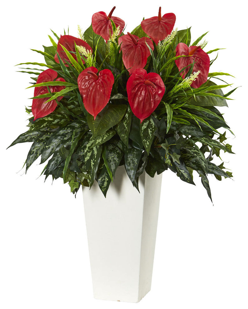 Mixed Anthurium Artificial Plant, White Tower Vase