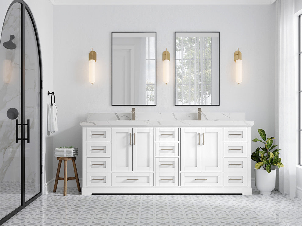 Boston 84 Double Sink Bath Vanity in White 2" Calacatta Laza
