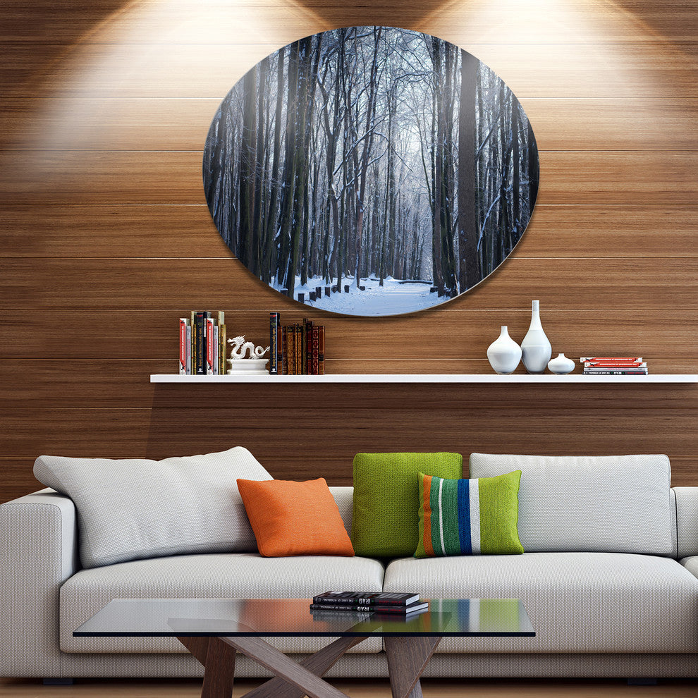 Thick Woods In Winter Forest, Modern Forest Disc Metal Wall Art, 11"