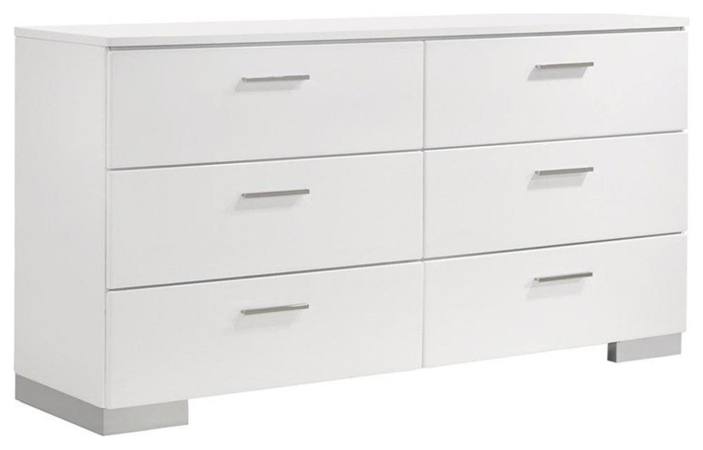 Bowery Hill 6-Drawer Contemporary Wood Dresser with Chrome Legs in Glossy White