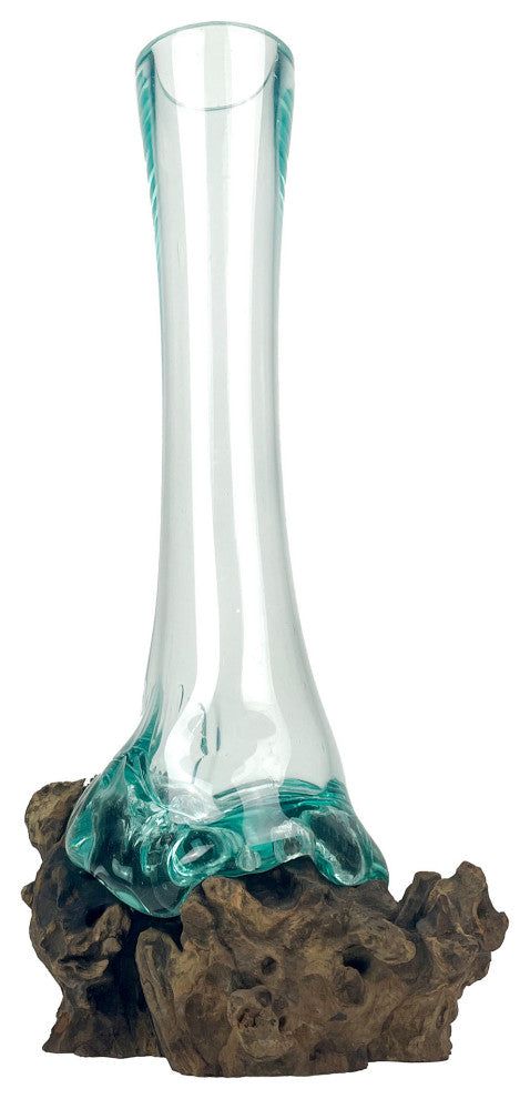 Glass On Teak Driftwood Molten Sculptural Bud Vase