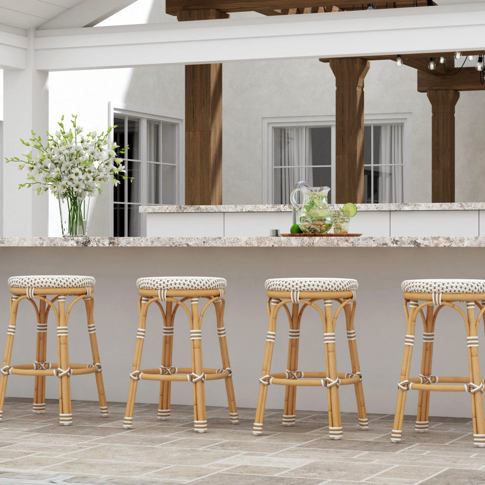 Tobias Outdoor Rattan and Metal Counter Stool, Beige and White