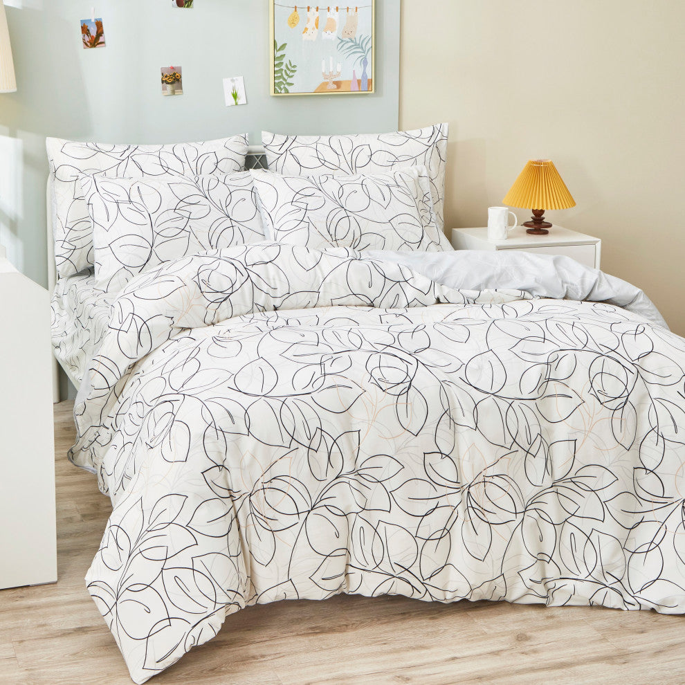 Tache Modern Leaf Foliage Abstract White Grey Black Reversible Duvet Cover, Cal