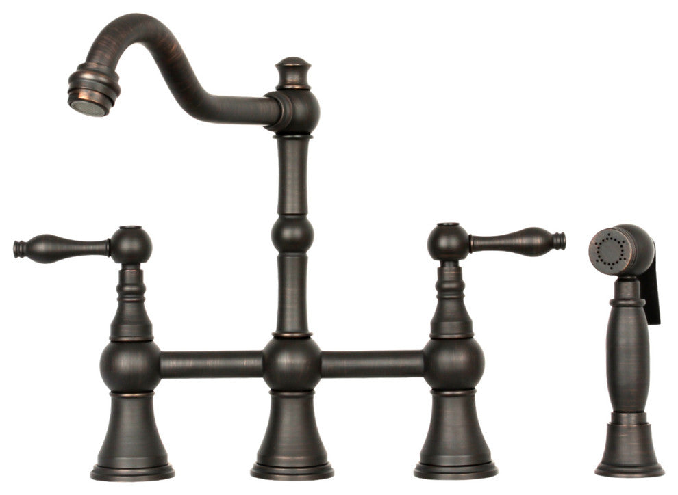 Two-Handles Copper Bridge Kitchen Faucet with Side Sprayer, Oil Rubbed Bronze