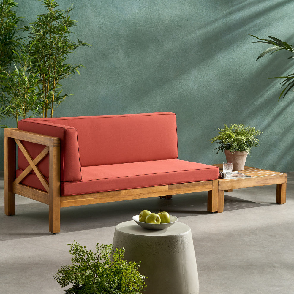 Keith Outdoor Left Arm Loveseat and Coffee Table Set, Red/Teak