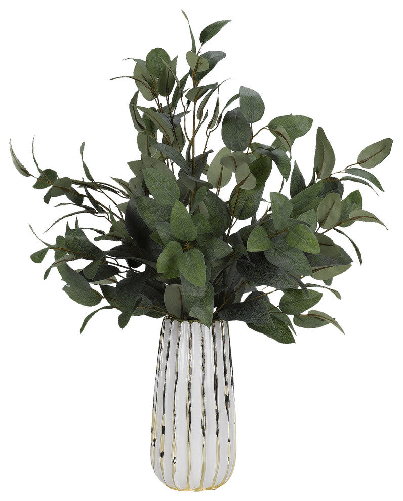 Green Elm Branches, White and Gold Ceramic Vase
