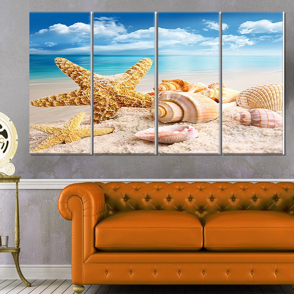 Starfish and Seashells on Beach, Seashore Photo Canvas Print, 48"x28", 4 Panels