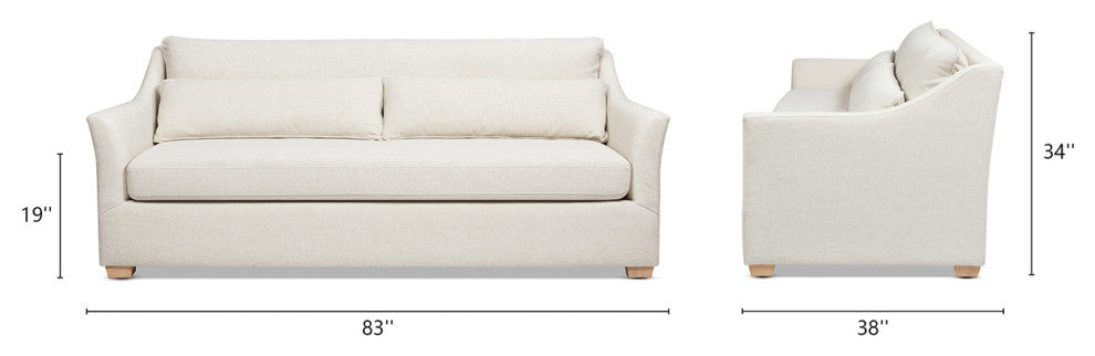 Ada 83" Flared Arm Contemporary Sofa With Lumbar Pillows, Flax White Linen