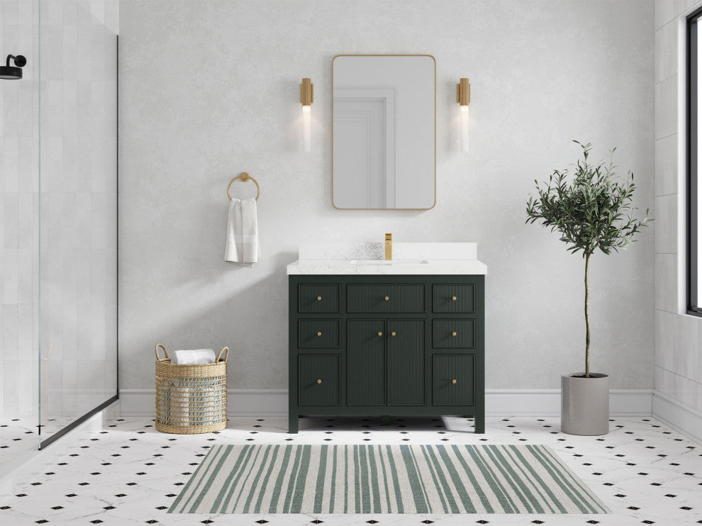 Sonoma 42 Single Sink Reeded Bath Vanity in Dark Forest Green 2" Empira White