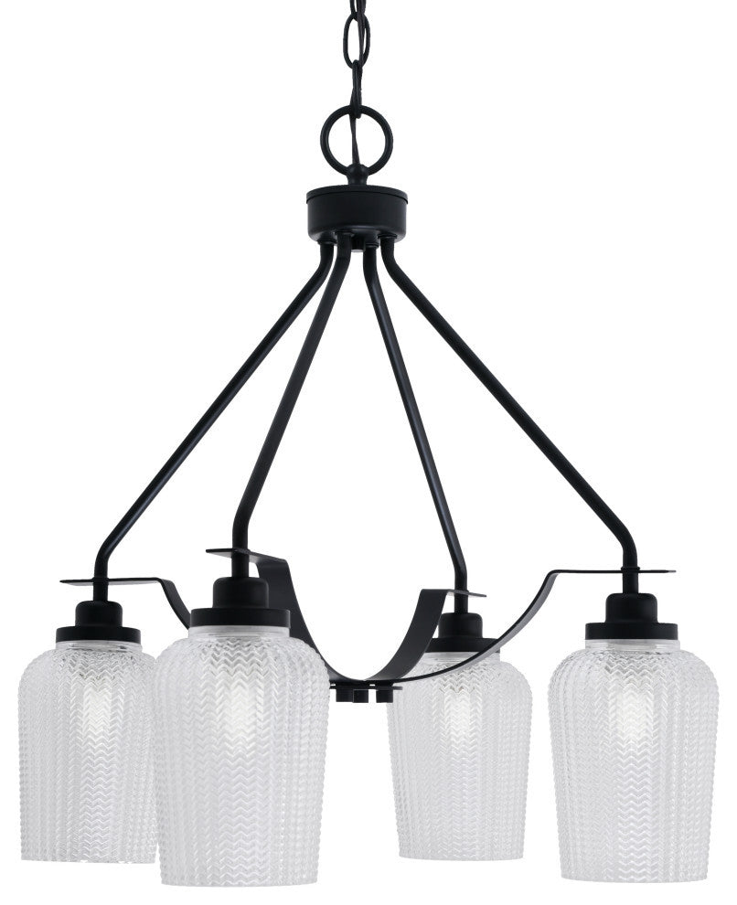 Odyssey 4 Light, Chandelier In Matte Black Finish With 5" Clear Textured Glass