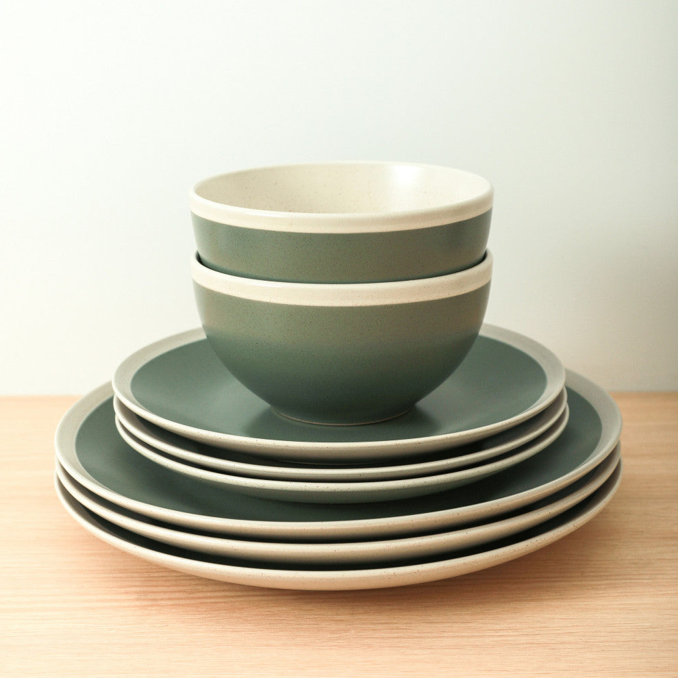 Stone Lain Serenity Stoneware 32 Piece Dinnerware Set, Green and Cream