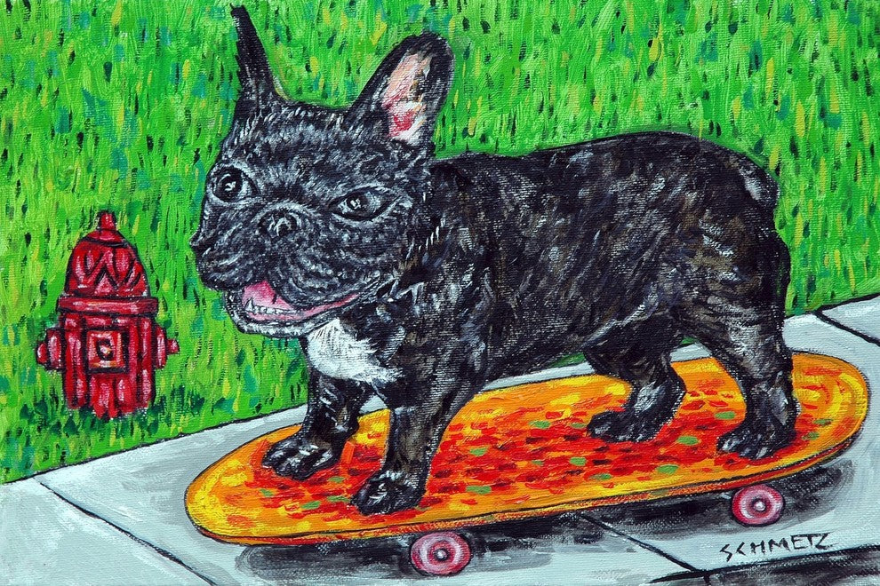 "French Bulldog Skateboarding" Painting Print on Wrapped Canvas, 30"x20"
