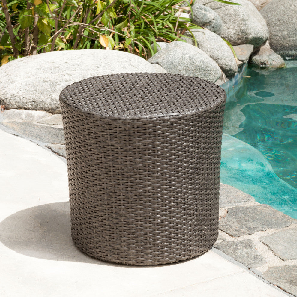 GDF Studio Overton Outdoor Gray Wicker Barrel Side Table, Dark Gray