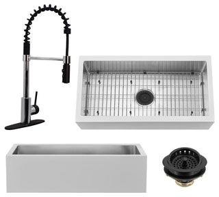 36" Single Bowl Farmhouse Solid Surface Sink and Faucet Kit, Chrome/Black