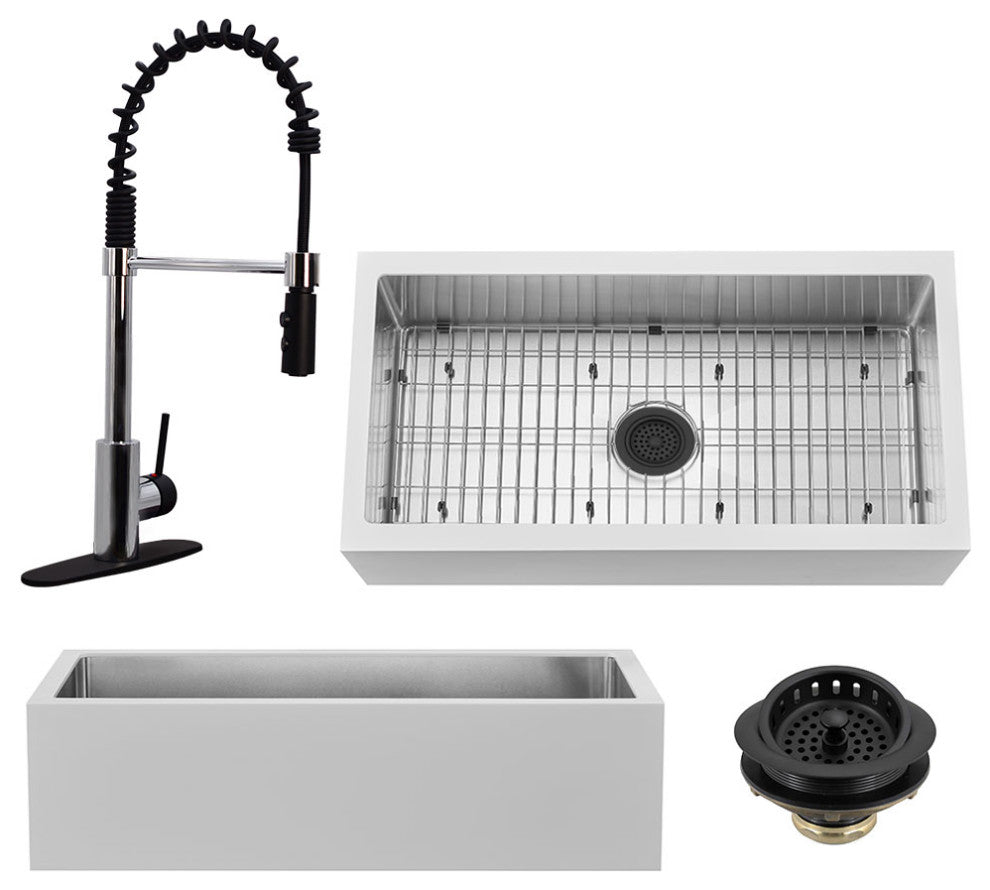 36" Single Bowl Farmhouse Solid Surface Sink and Faucet Kit, Chrome/Black