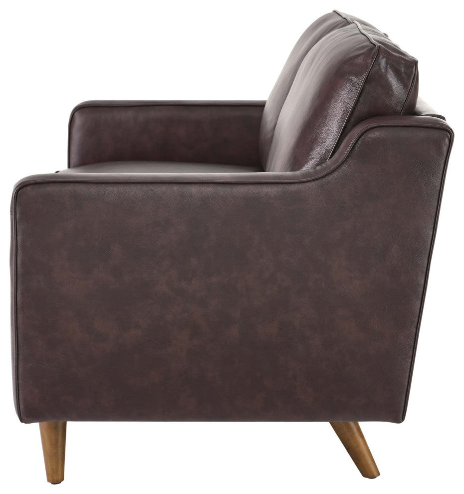 Loveseat Sofa, Brown, Leather, Modern, Mid Century Hotel Lounge Cafe Lobby