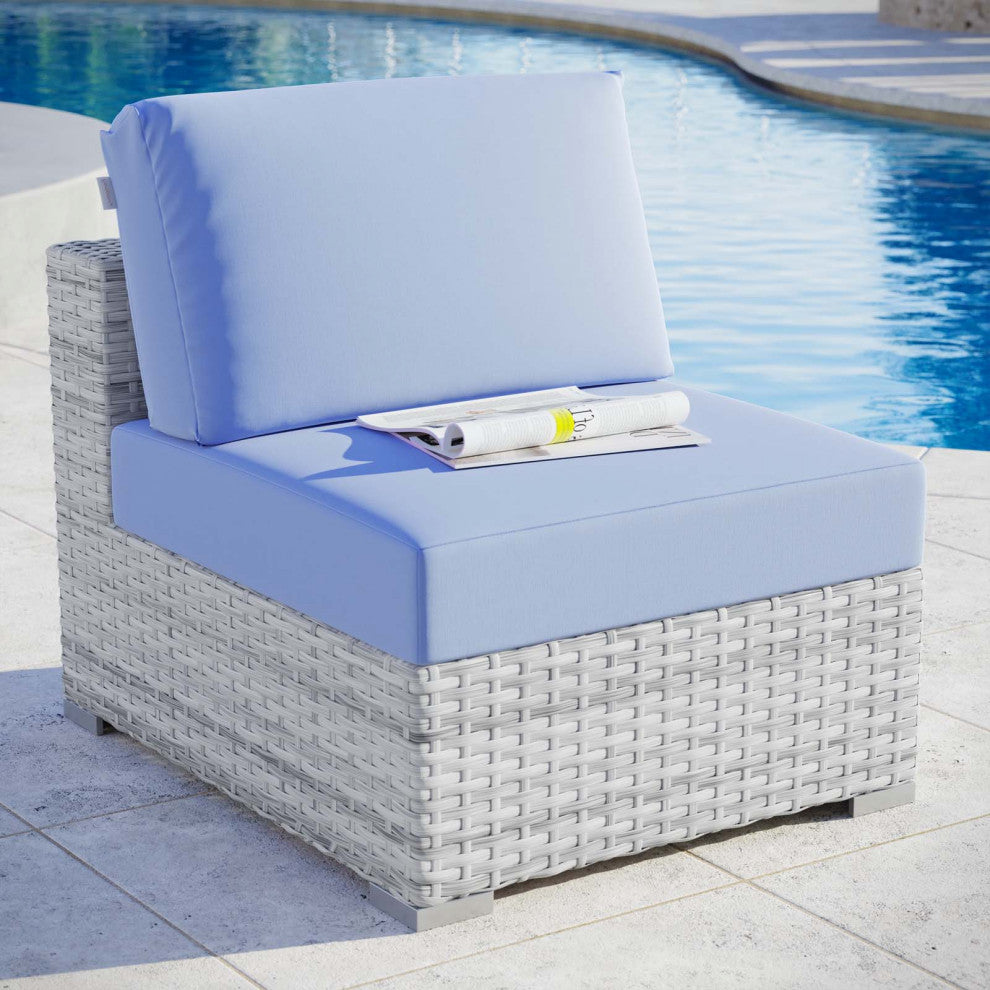 Lounge Chair, Rattan, Wicker, Gray Blue, Modern, Outdoor Patio Cafe Bistro