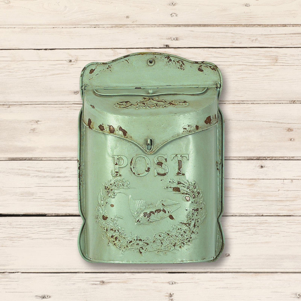 Embossed Tin Post Box, Distressed Finish, Aqua