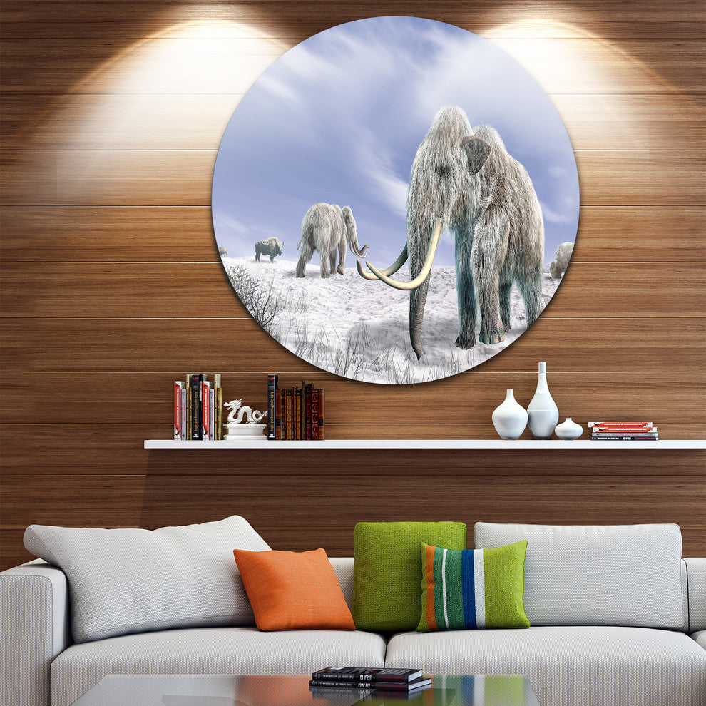 Mammoth Elephants In Field, Landscape Photo Disc Metal Wall Art, 11"