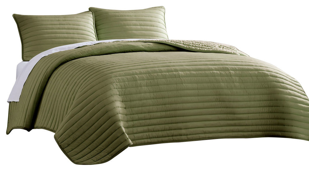Benzara BM283910 3 Piece Queen Comforter Set Polyester Puffer Quilted, Green
