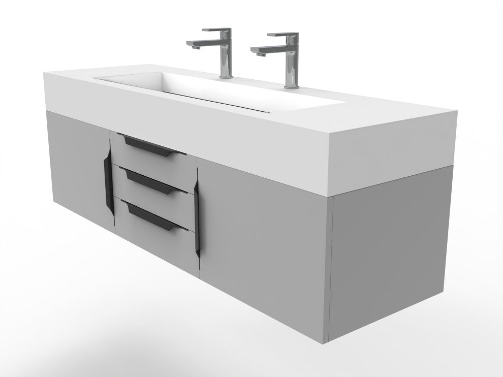 CastelloUSA Nile 60" Wall Mounted Vanity Set, Gray, White Top, Black Handles