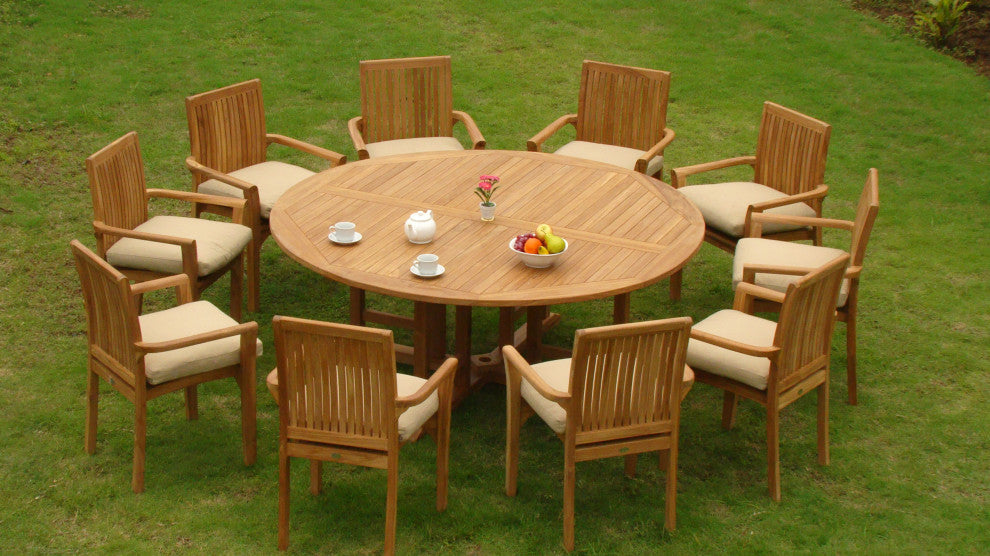 11-Piece Outdoor Teak Dining Set: 72" Round Table, 10 Lua Stacking Arm Chairs
