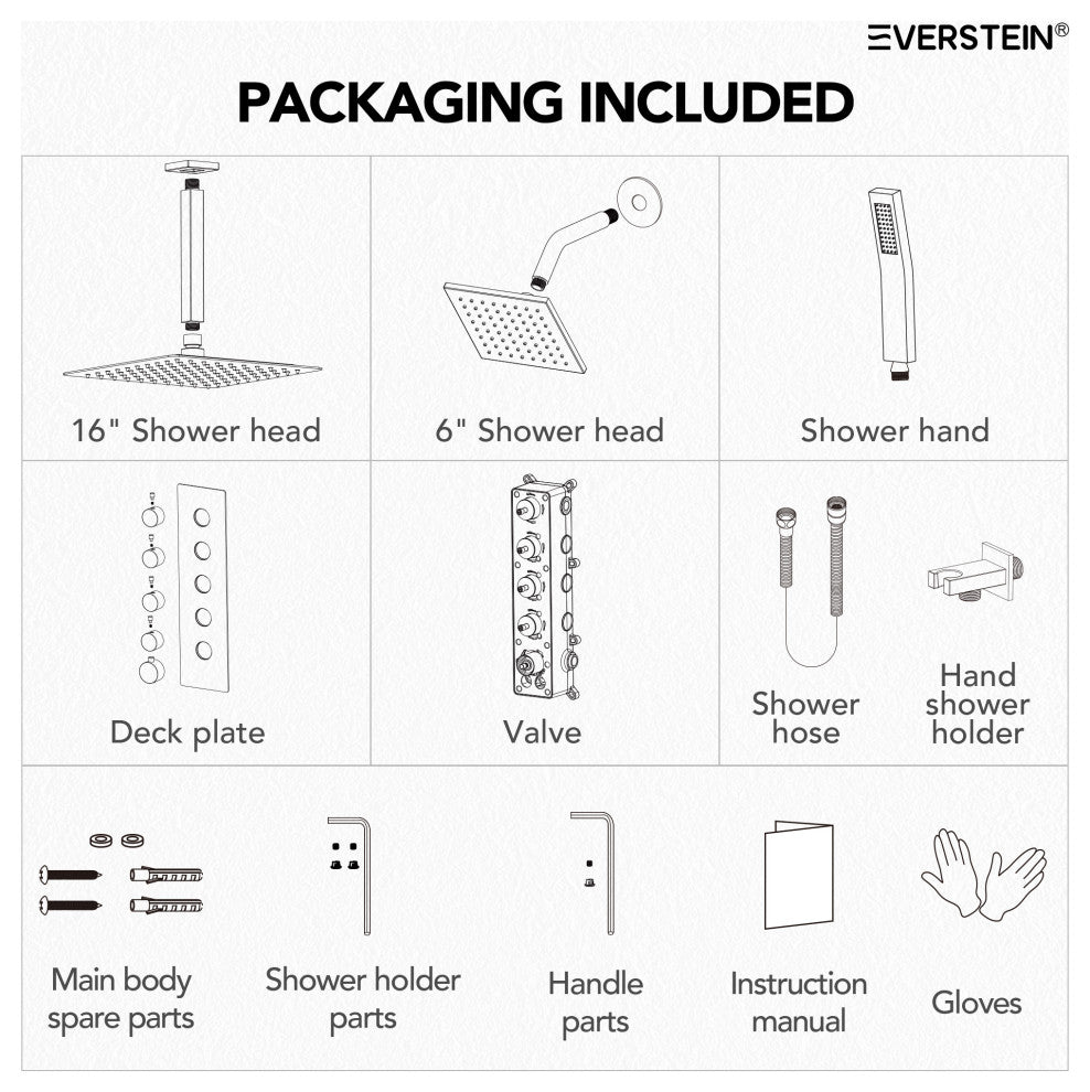 Dual Heads Shower System 16" Rain Shower Head with 4 Way Thermostatic Faucet, Brushed Gold